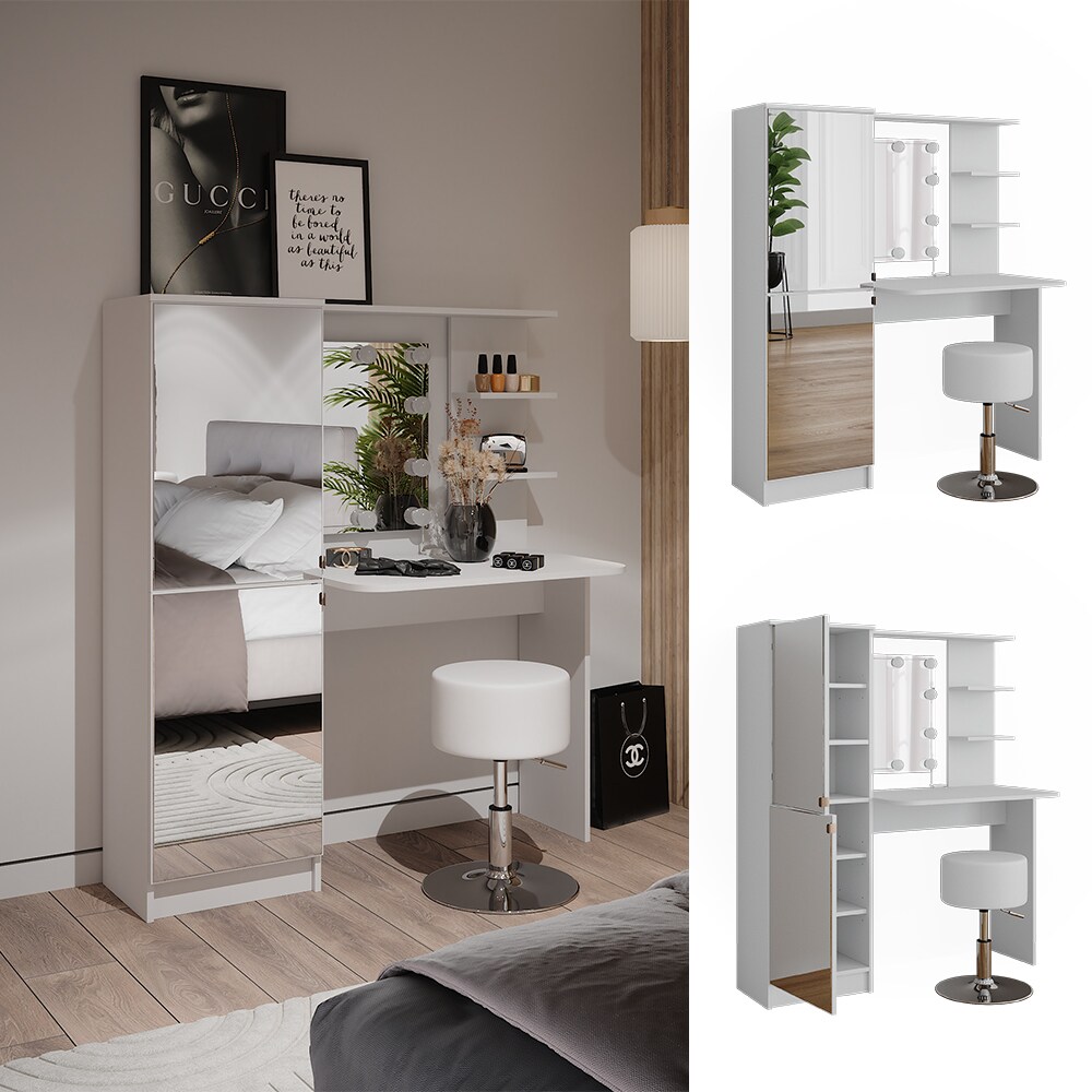 Vicco Schminktisch Jasmin Weiß 123 cm mit LED-Beleuchtung und Hocker
