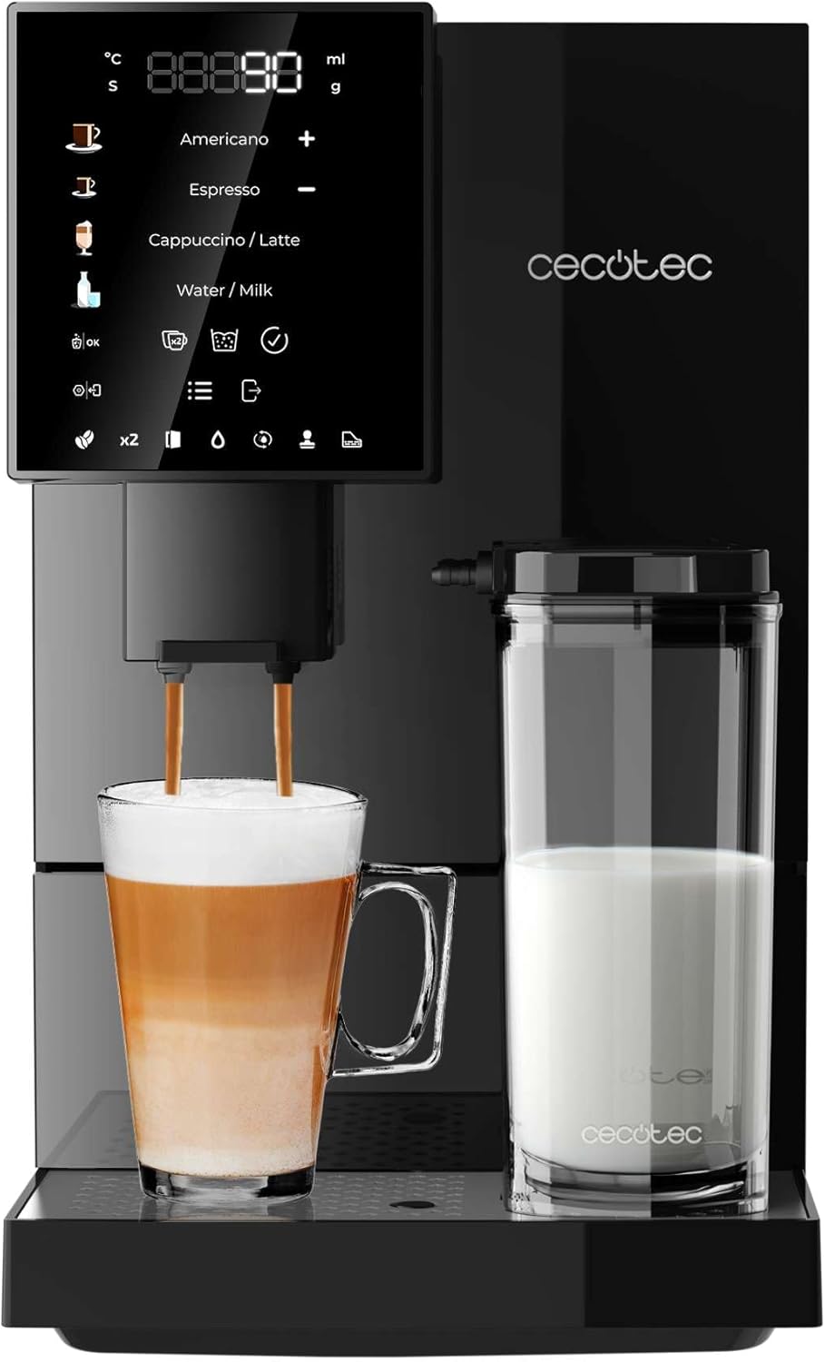 Cecotec Superautomatische Kaffeemaschine Cremmaet Compactccino Black, 19 Bar, Thermoblock-System, frisch gemahlene Bohnen mit Plug&Play, 150 g Kaffeebohnentank Mühle, 1,1 L Wassertank, 400 ml Milch