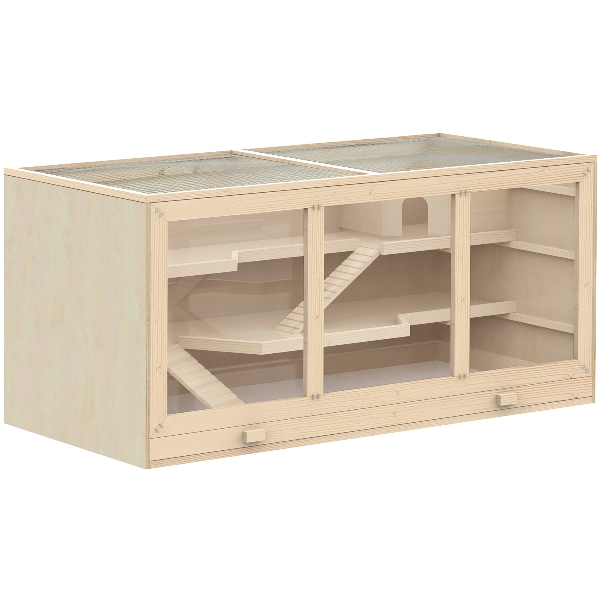 PawHut Nagerkäfig mit Treppen und 3 Etagen natur 115L x 57B x 55H cm