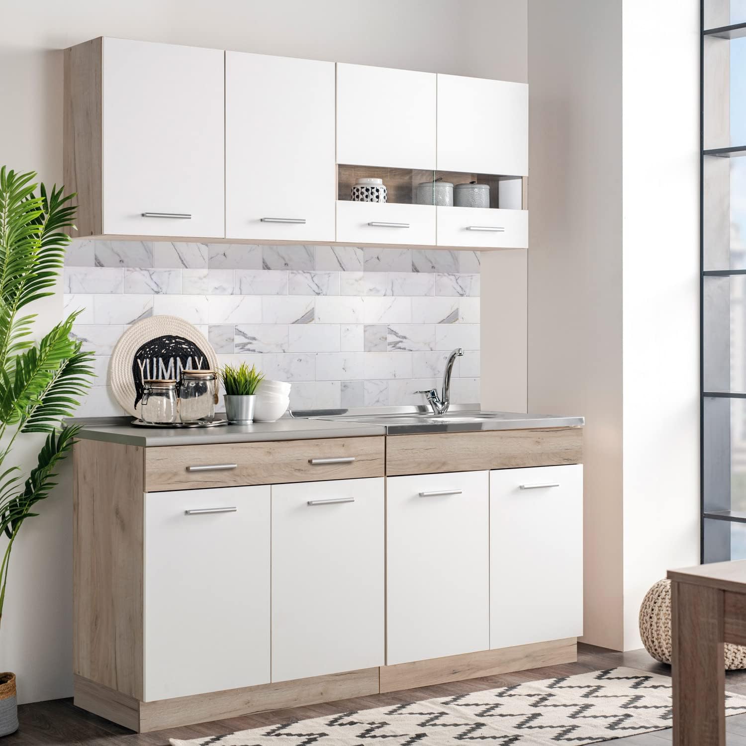 Homestyle4u 2354, Küchenschrank mit Arbeitsplatte, Küchenzeile ohne Elektrogeräte, Eiche Holz Weiß 160 cm