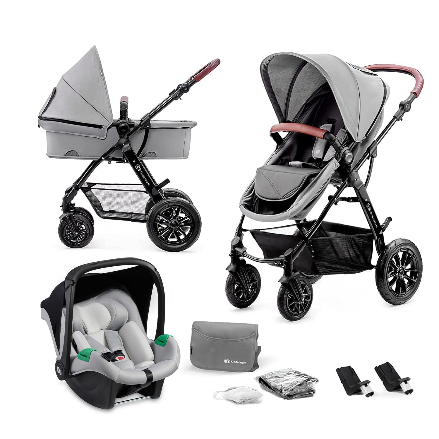 Kinderkraft MOOV Kinderwagen 3 in 1 Kinderwagenset bis 26 kg mit Kindersitz I-SIZE 40-75 cm, Buggy Funktion, Liegeposition verstellbar, Große ausziehbare Verdeck, Zubehör inklusive, Grau