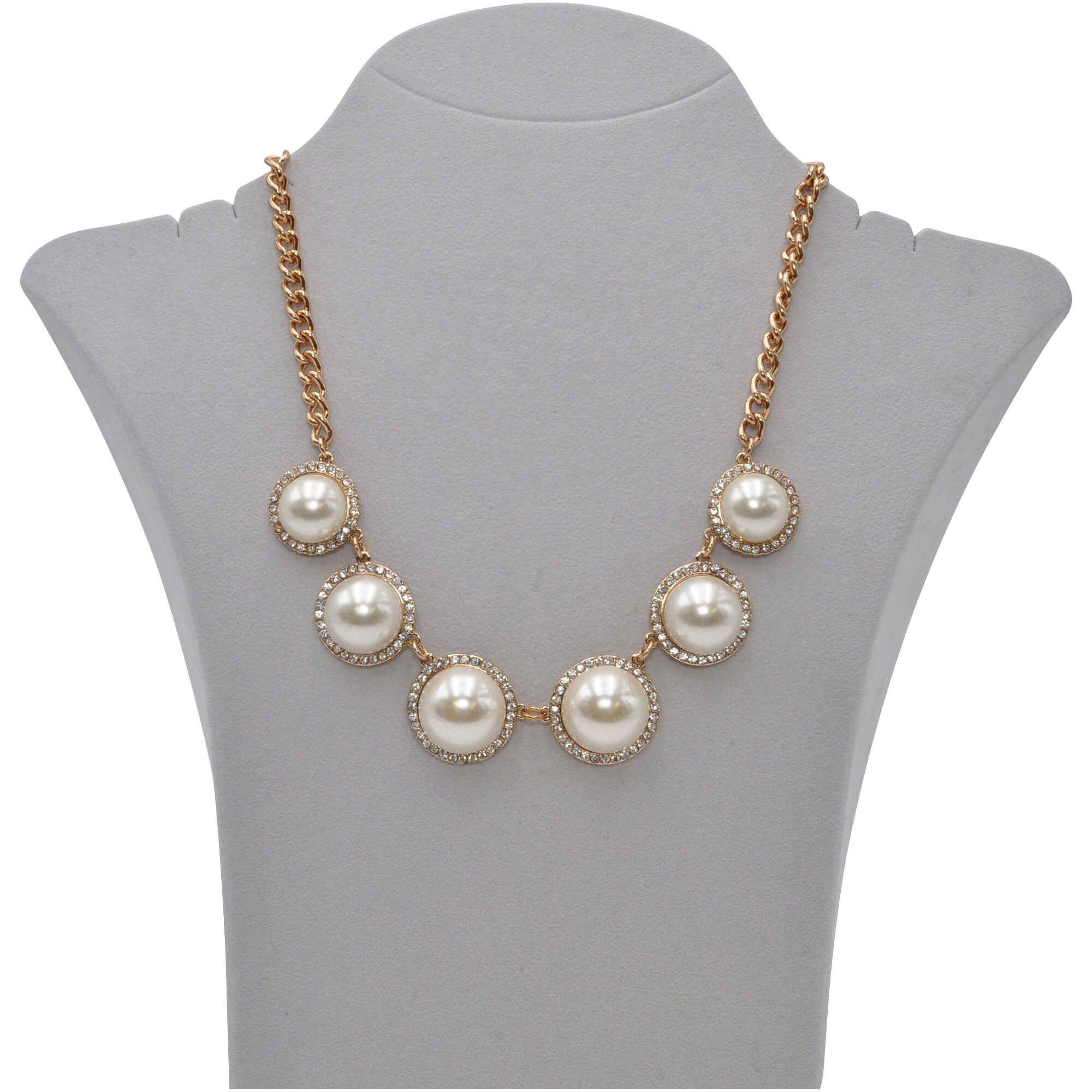 Steuer Modeschmuck Collierkette Metallcollier goldfarben, mit 6 Perlelementen, mit Strass