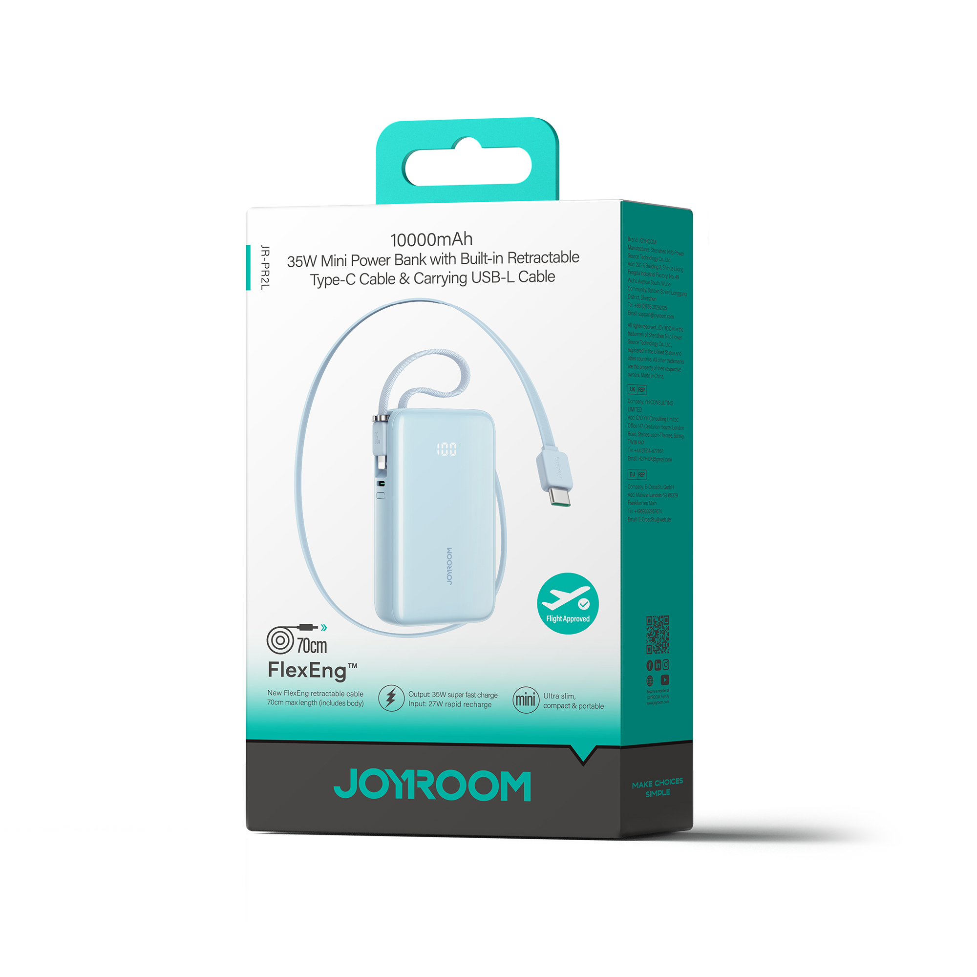 (35W) 10000mAh USB Powerbank Power Delivery Ladegerät inkl. USB C / Lightning Ladekabel mit LED Anzeige (JR-PR2L - Blue) - Hellblau