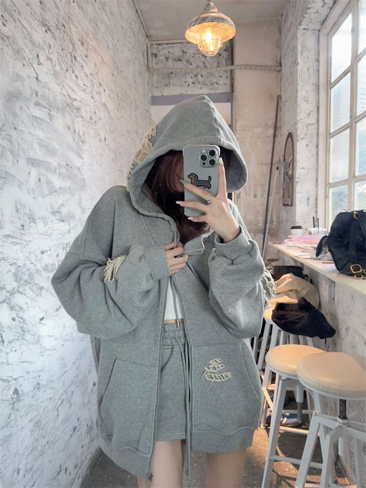 Trendycas - Effen distressed hoodie met rits / mini-kokerrok met trekkoord in de taille