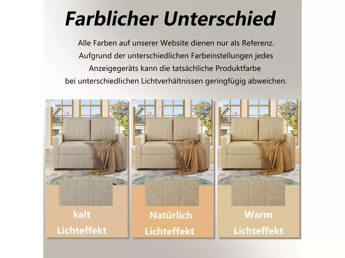 Canapé convertible 2 places, Canapé-lit pliant en tissu lin - 127 x 75/180 x 94 cm - avec fonction sommeil et dossier réglable - Beige