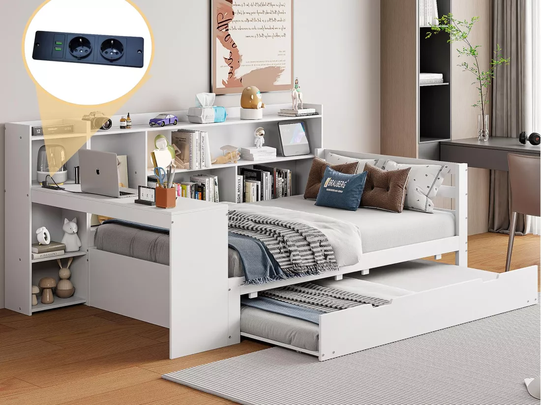 Canapé convertible en bois massif 90x200 cm - avec bureau + bibliothèque - compartiments de rangement + étagères - avec prises - avec lit gigogne - blanc