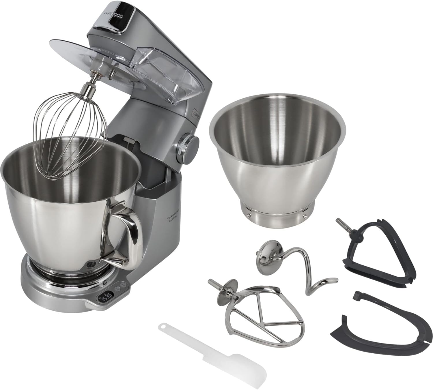 Kenwood Titanium Chef Baker XL KVL85.004SI, Küchenmaschine mit Integrierter Waage, K-Schneebesen, Duo-Schüssel, Standmixer, Knethaken, Schneebesen und 7L-Schüssel, 1200W, Silber