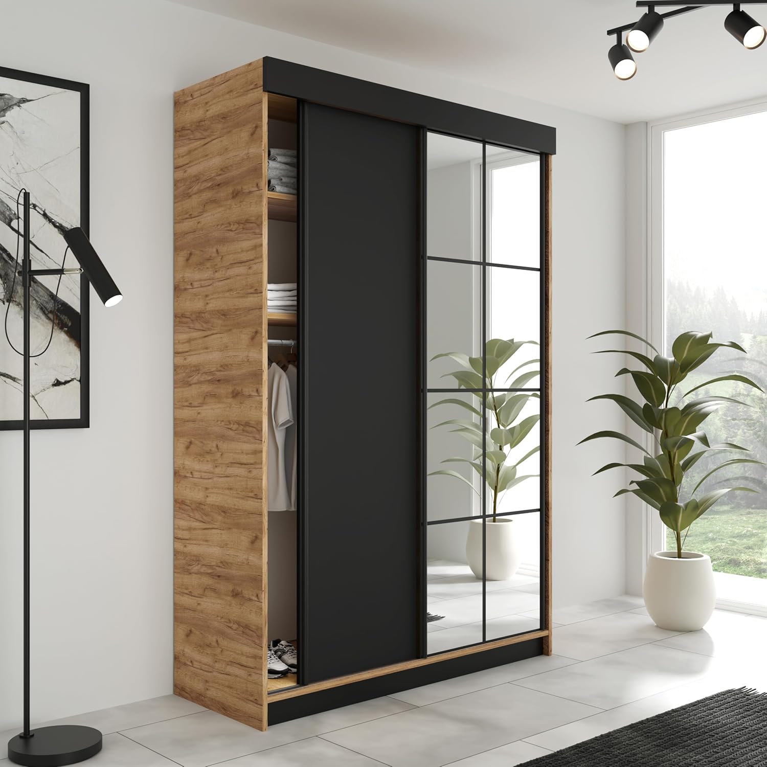 KIER FURNITURE Schiebegarderobe LAMARO mit Spiegel - Schrank Schlafzimmer - Schlafzimmerschrank - Wardrobe Bedroom - Kleiderschränke - Kleiderschrank - 138x205x59 - Eiche Handwerk Gold & Schwarz