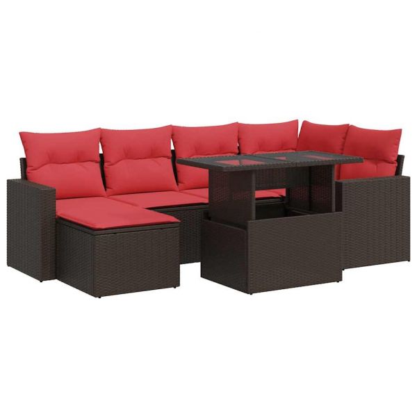 vidaXL 7 Peças Conjunto Sofás Jardim com Almofadões Vime Pe/acácia Castanho - 2231588379