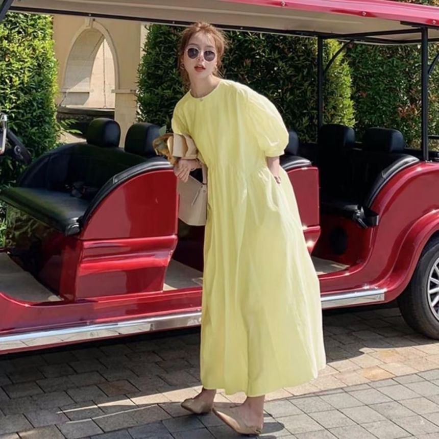 Inchioh - Maxi-zomerjurk met pofmouwen en effen kleur