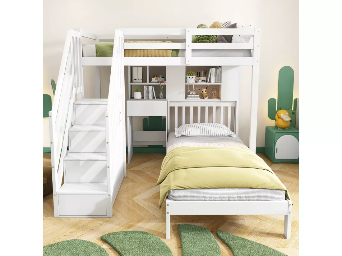 Lits superposés multifonctionnel pour enfant - 2 x 90 x 200 - 4 rangement dans l'escalier - avec bureau et tiroir - pin - blanc