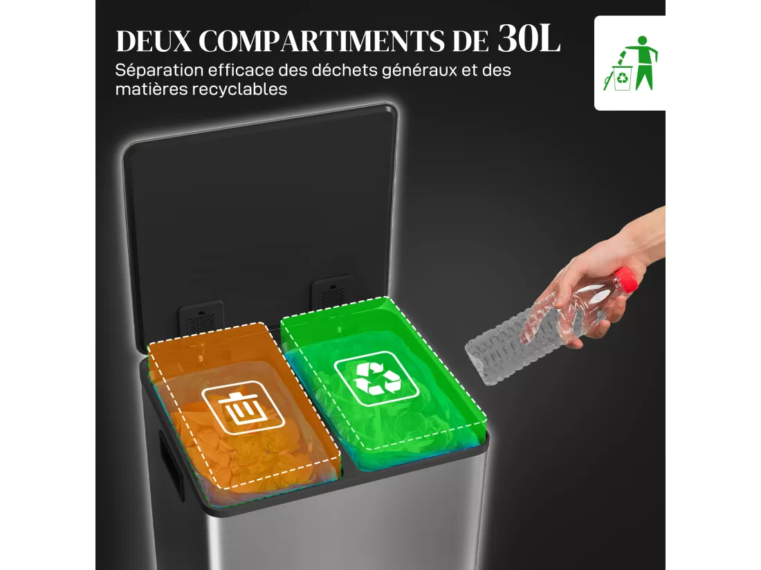 Poubelle de cuisine à pédale 2 compartiments 2 x 30L - seaux amovibles - acier inox. brossé
