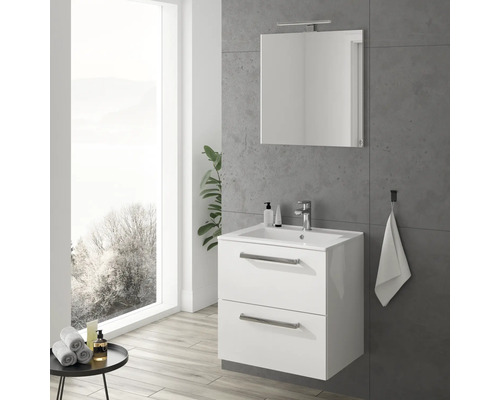NELSON badkamermeubelset, afmetingen (B x H x D): 60 x 200 x 46 cm, frontkleur: hoogglans wit, 4-delige badkamermeubelset met keramische wastafel, spiegel en badmeubel