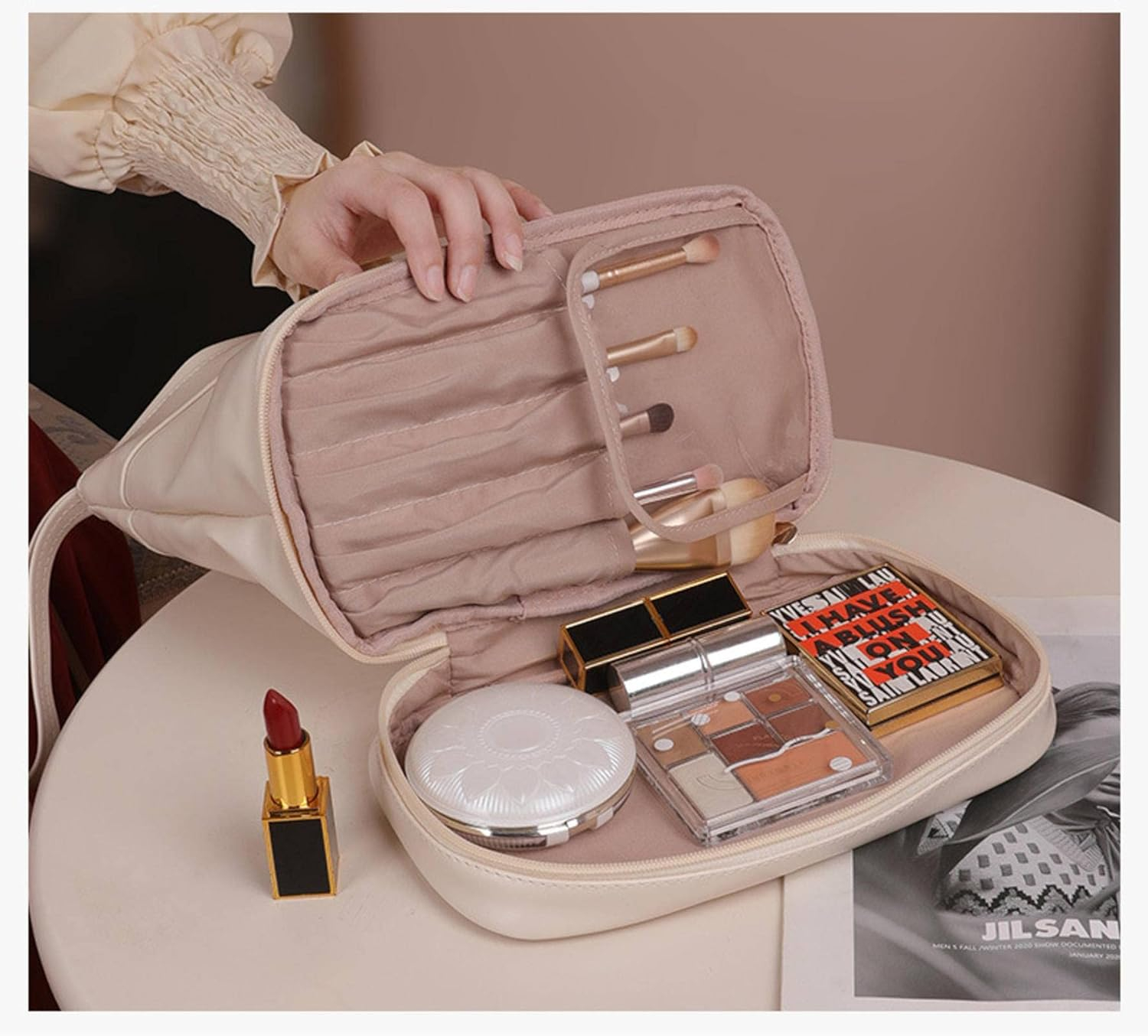(24x16cm) Leder Kosmetik Make Up Tasche Necessaire Organizer Bag mit Bodenfach - Schwarz