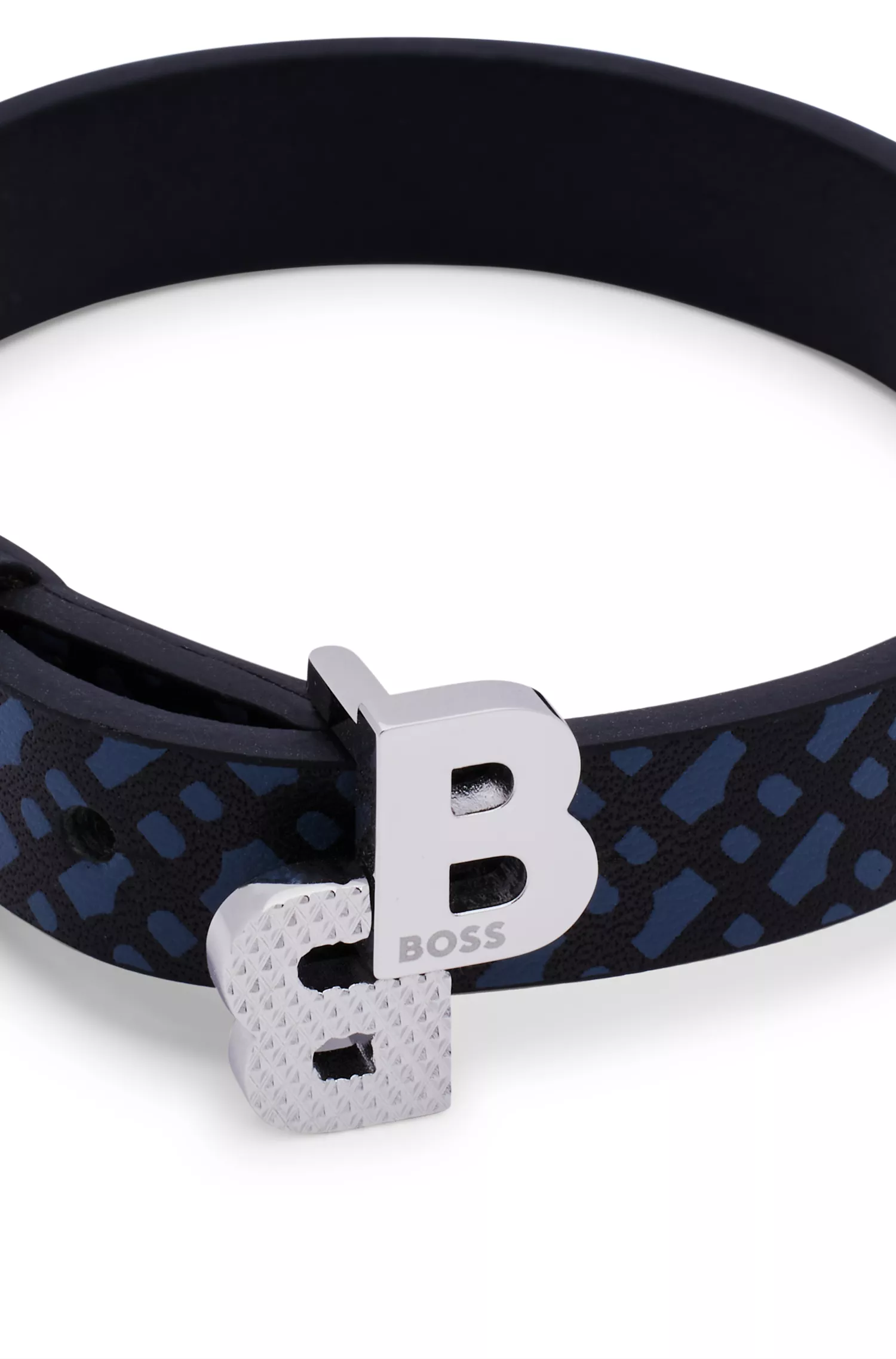 Bracelete BOSS em couro preto com fecho ajustável de monograma duplo.