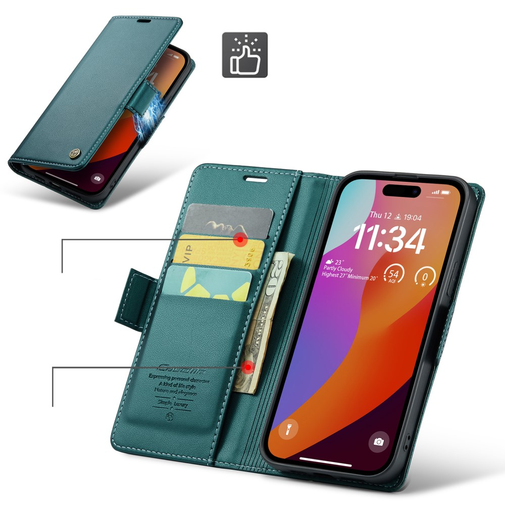 iPhone 16 Pro Max Leder Tasche Flip Wallet Etui mit Kartenfächern Litchi Look (RFID Schutz) - Grün