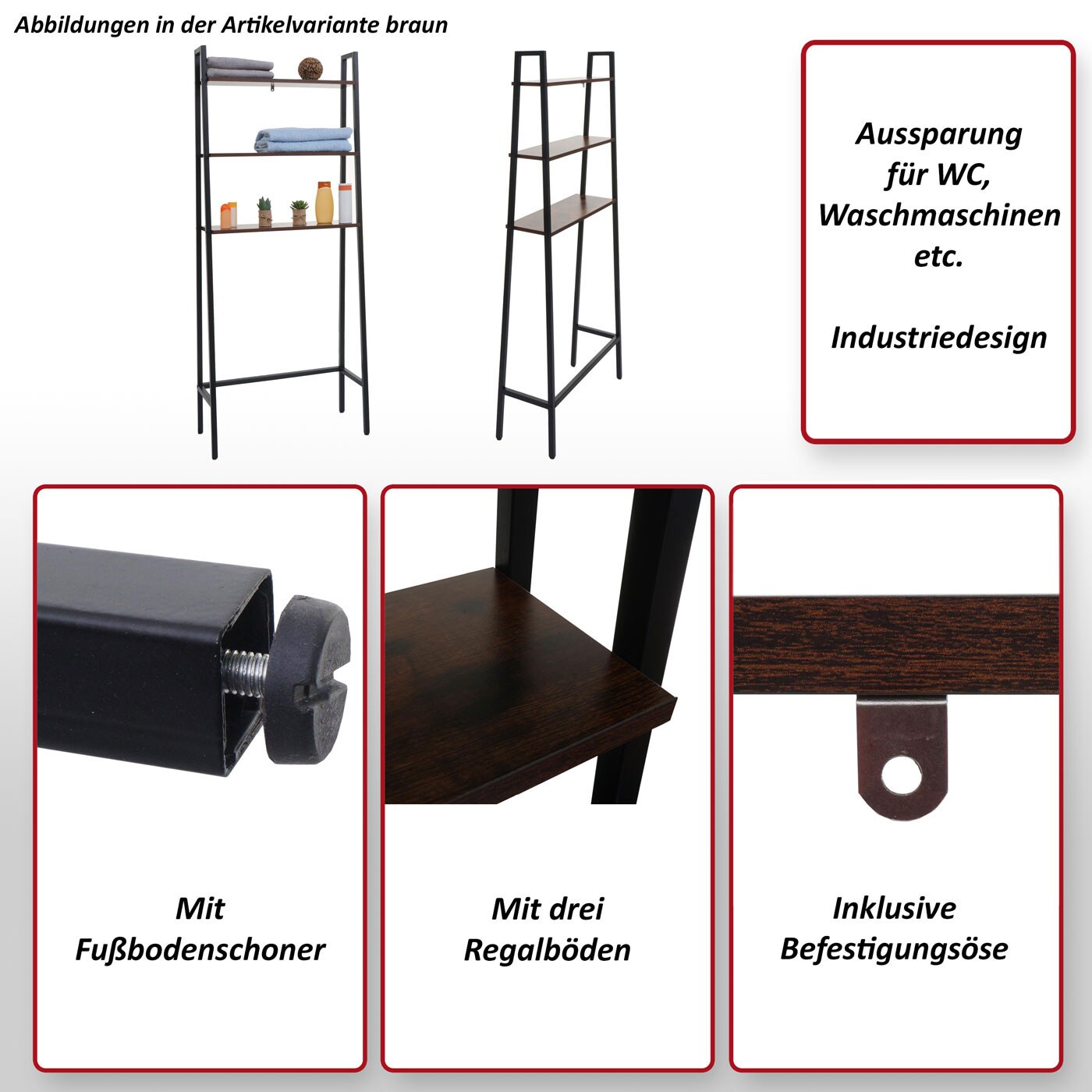 Standregal MCW-K82, Badregal Waschmaschinen-Regal Leiterregal, Industrial Metall Holz 155x64x25cm ~ grau-braun