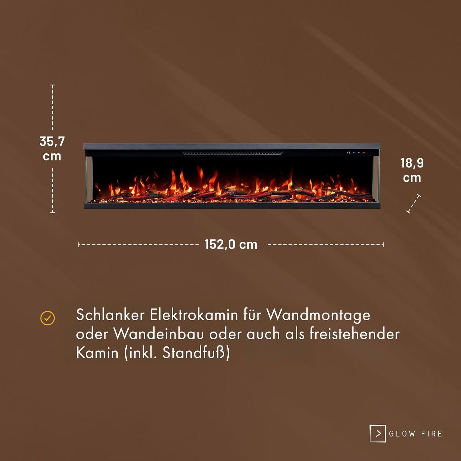 GLOW FIRE Elektrokamin Insert 152 mit realistischem 3D LED-Feuer - Wand-Elektrokamin mit Heizung und Kaminfeuer, App Steuerung, Knistereffekt & Timer, max. 1800 W, 152x35x19cm