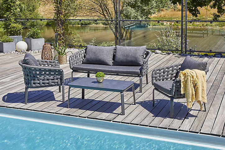 Salon bas de jardin Camargue 4 places en corde tissée/alu gris anthracite - DCB GARDEN