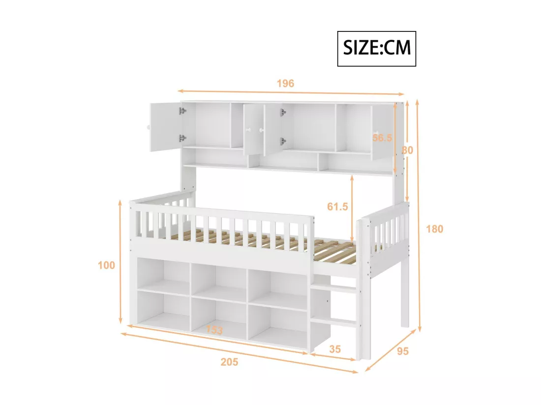 Lit enfant en bois 90x200cm - avec compartiments de rangement - Blanc