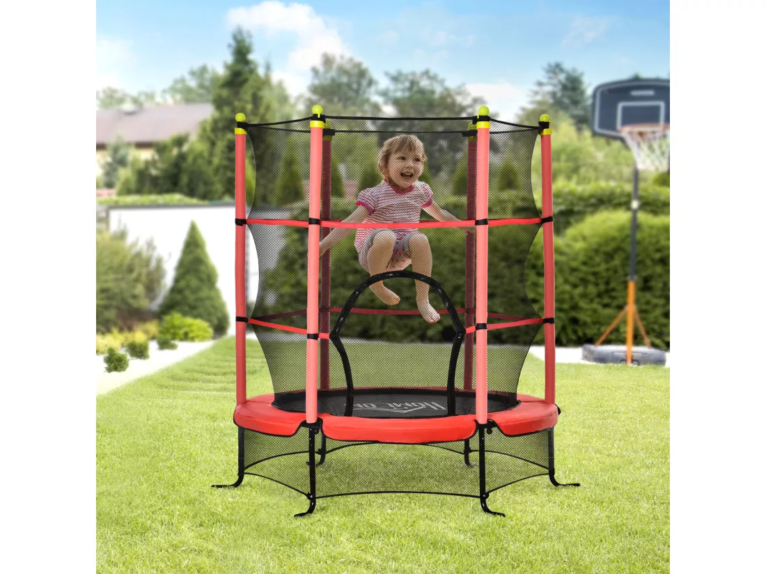 Trampoline enfant Ø 1,63 × 1,63H m filet de sécurité porte zipée couvre-ressorts 6 poteaux rembourrés inclus rouge