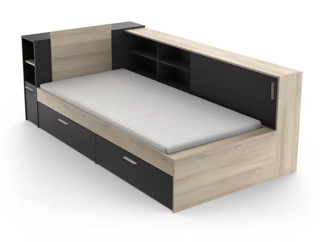 Lit modulable 90 x 190/200 cm avec rangements - Noir et naturel + Sommier + Matelas - LIARA