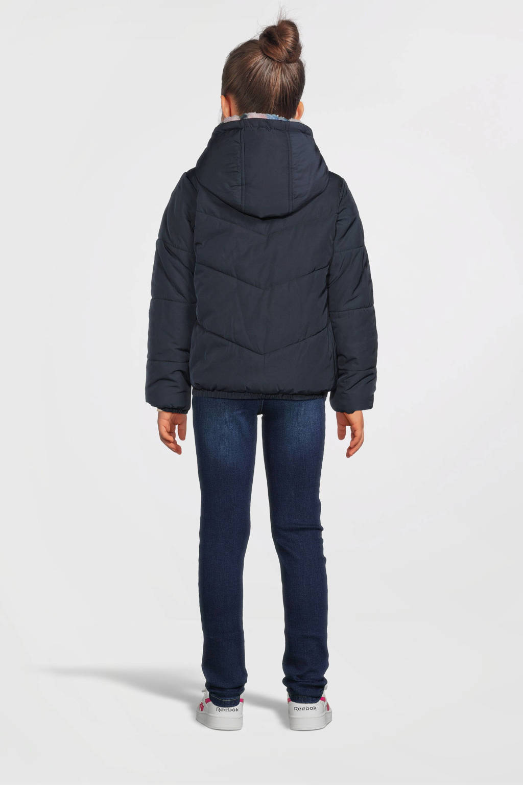 B.Nosy reversible gewatteerde winterjas Jamie met all over print donkerblauw/lila/roze