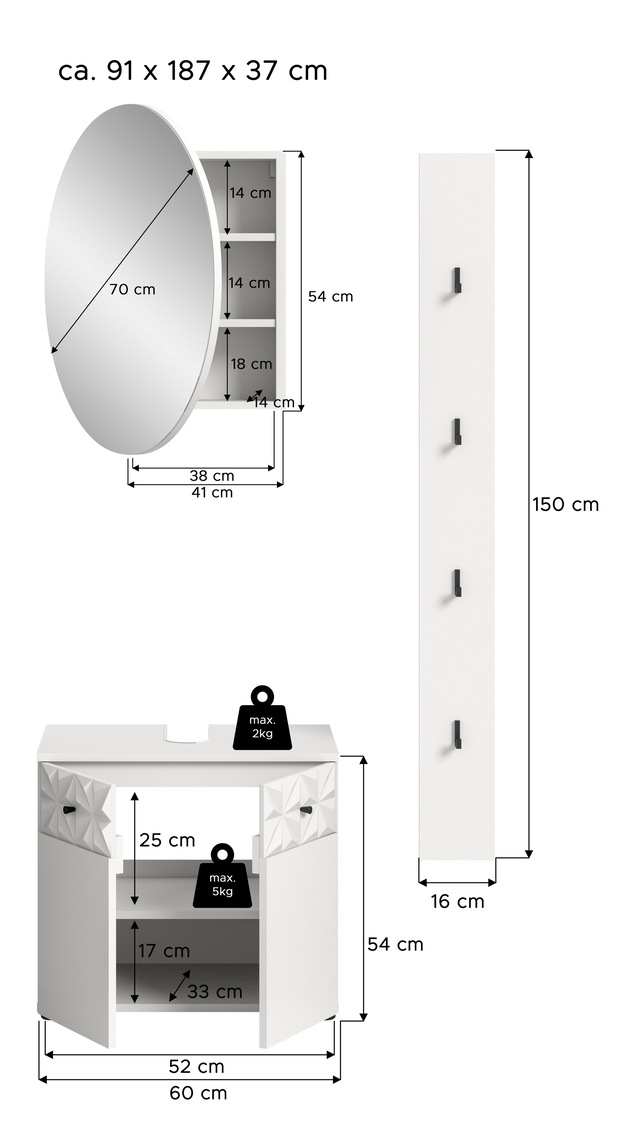 INOSIGN Badezimmer-Set »VICENZA, TOPSELLER!, Breite 91cm, 3-teilig, mit Ornamentabsetzung« best. aus: Waschbeckenunterschrank, Spiegelschrank und Hakenleiste,