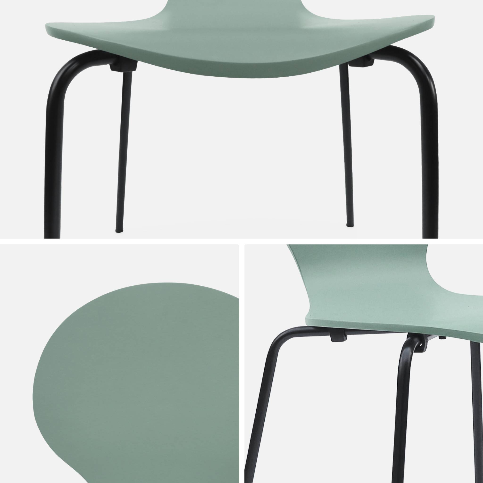 Lot de 4 chaises vert céladon. Rétro empilables. Bois d'hévéa et contreplaqué. Pieds en acier. Naomi. L 43 x p 48 x h 87cm
