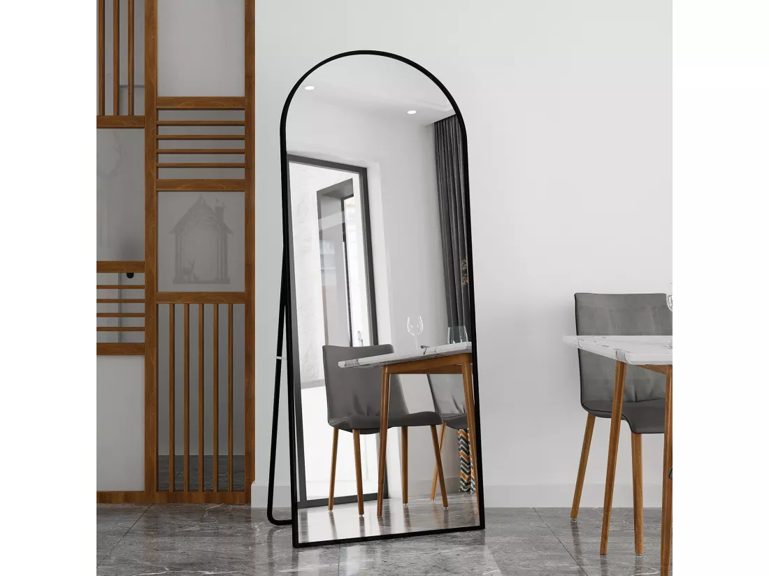 Miroir pleine longueur 180 x 80 cm, sur pied, suspendu ou appuyé, grand miroir de sol avec cadre en alliage d'aluminium noir pour salon ou chambre à coucher, Arc