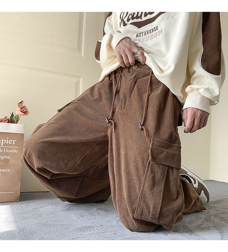 Femilina - Mid Rise Plain Corduroy Wide Leg Cargo Pants