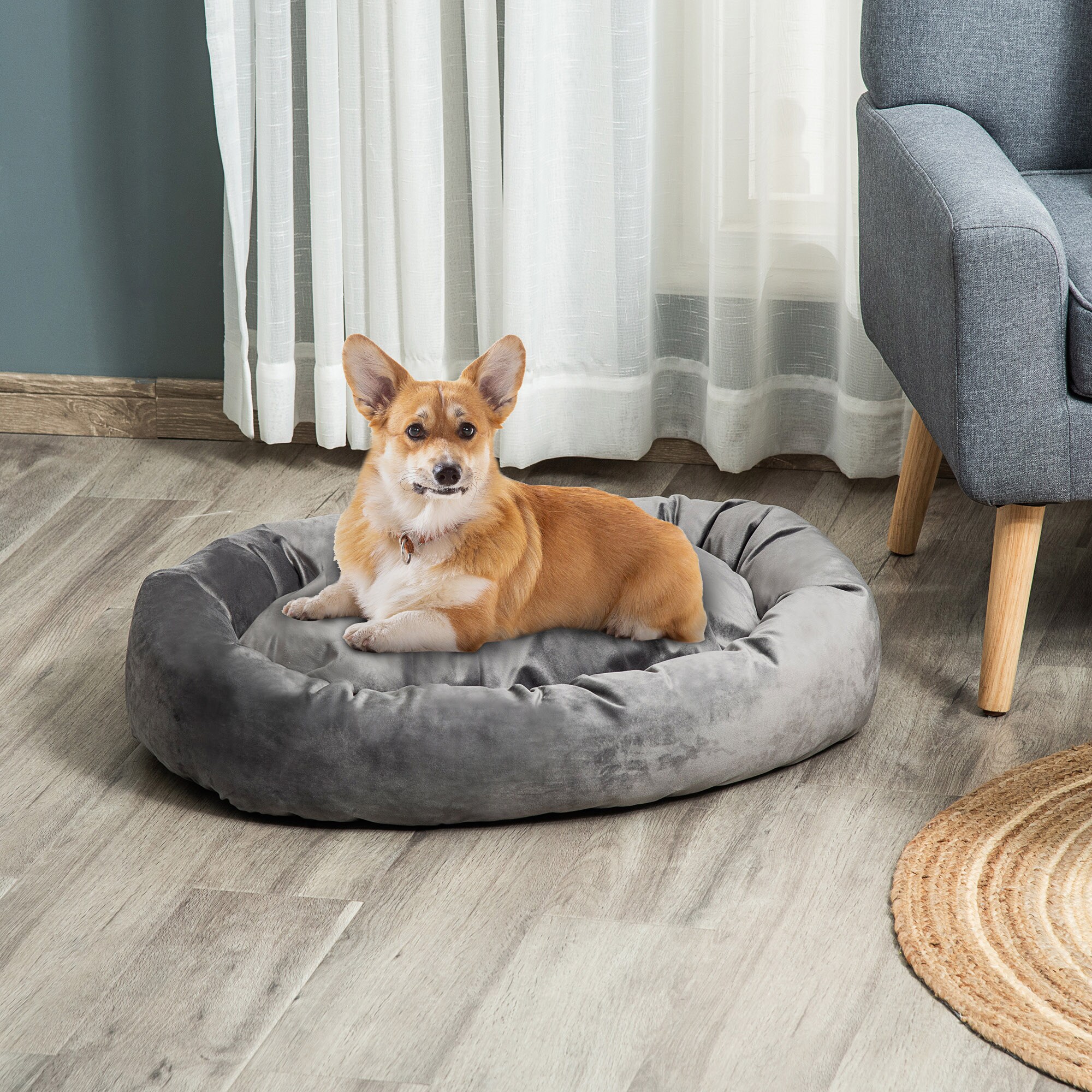 PawHut Haustierbett mit Samtoptik grau 81,5L x 58B x 18H cm