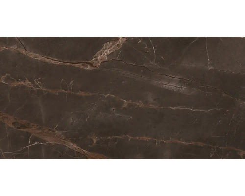 Porseleinen steengoed wand- en vloertegel, travertin bruin, glanzend, 60 x 120 x 0,7 cm, gerectificeerd
