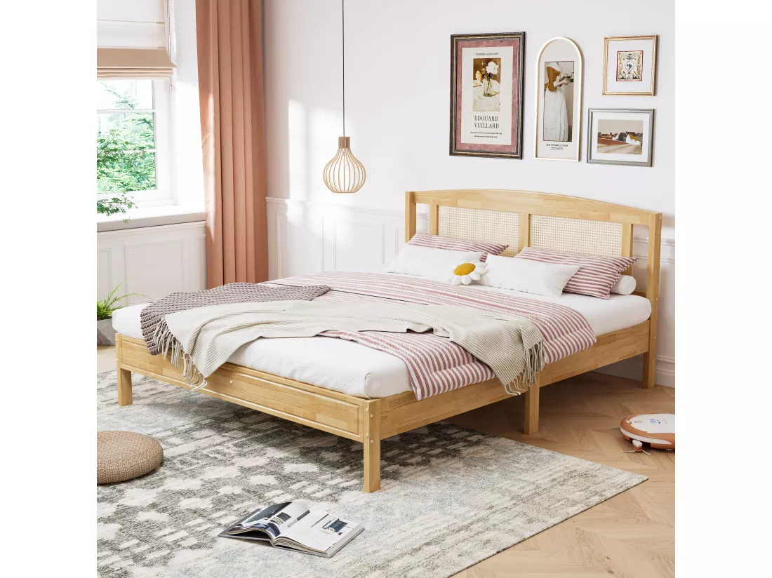 Lit adulte 160x200cm Lit double avec 15 lattes et pieds centraux pin + rotin PE Naturel