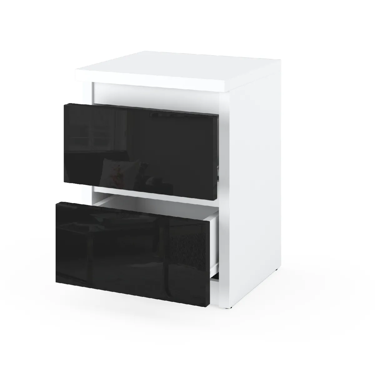 Table de chevet - Blanc/Noir Brillant - 2 tiroirs