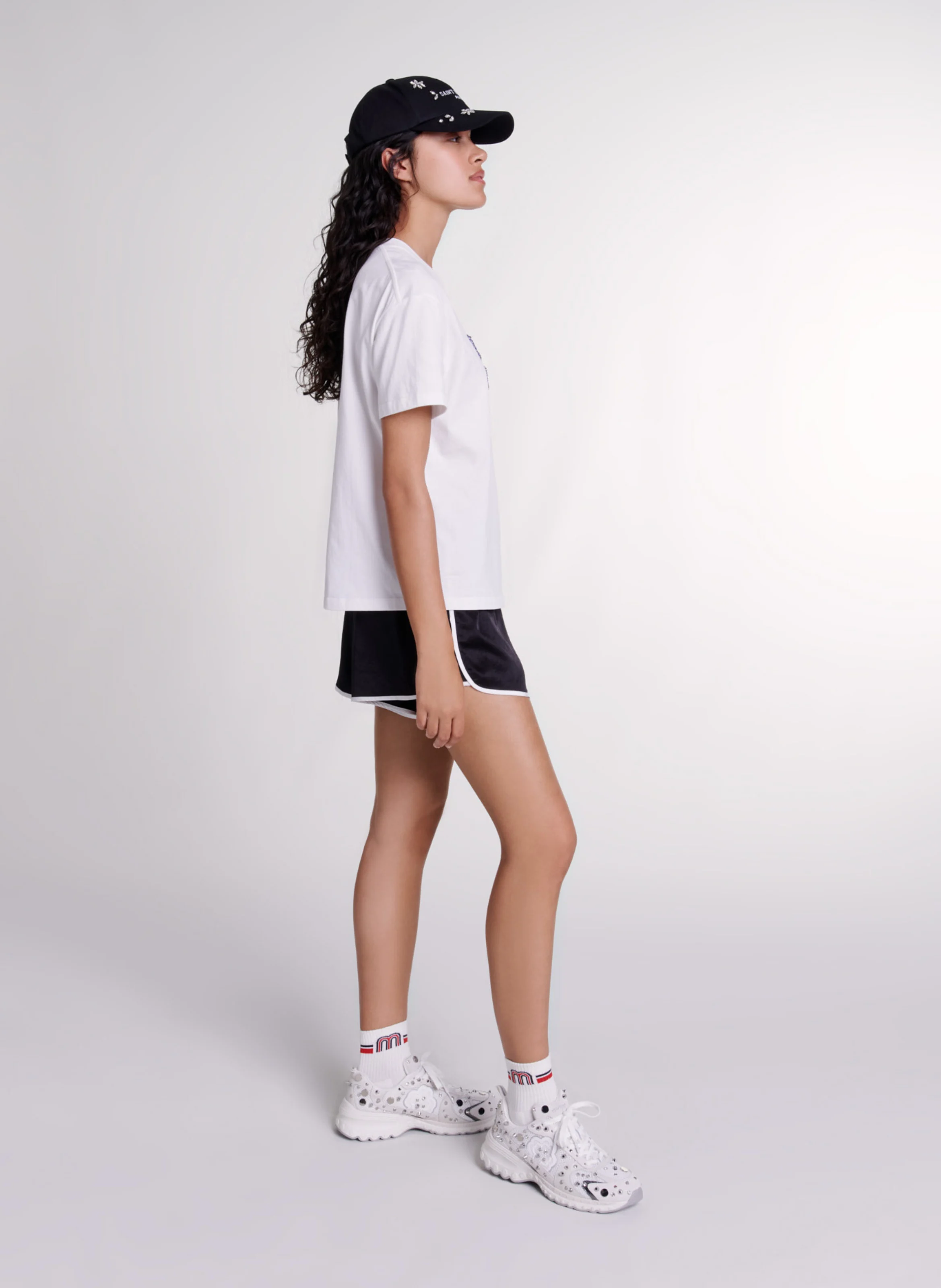 Tee-shirt droit col rond en coton strassé | Blanc