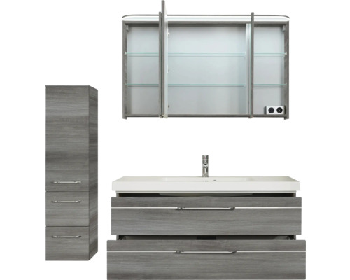 Pelipal Sunline 108 badkamermeubelset, BxHxD 153 x 200 x 50,8 cm, grafiet getextureerde fronten, 4-delige badkamermeubelset met wastafel en badmeubel van wit mineraalmarmer, spiegelkast met LED-verlichting, wandkast