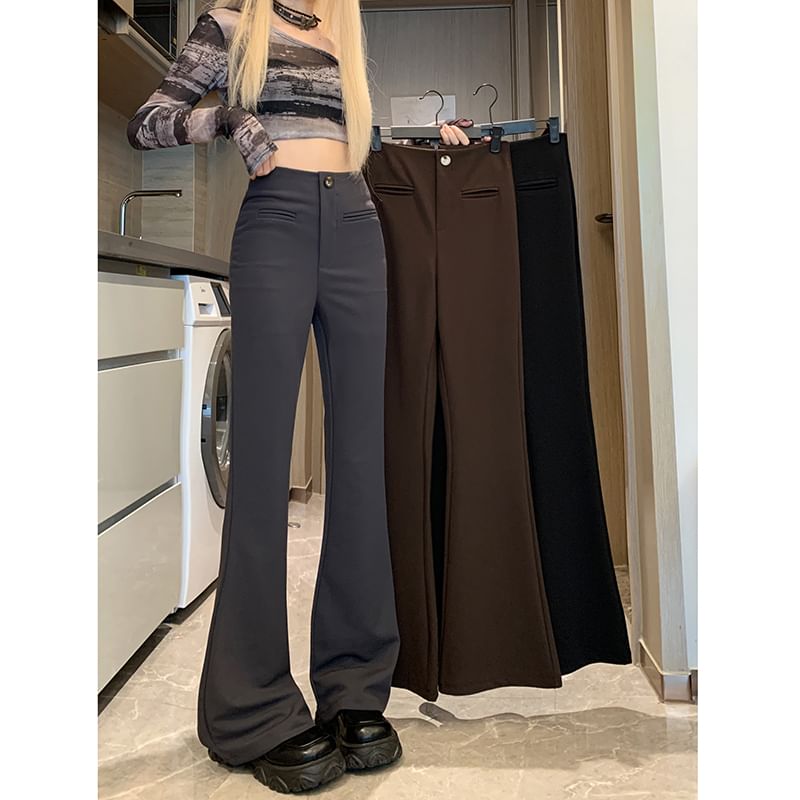 Flowerisque - Hoge taille effen uitlopende broek