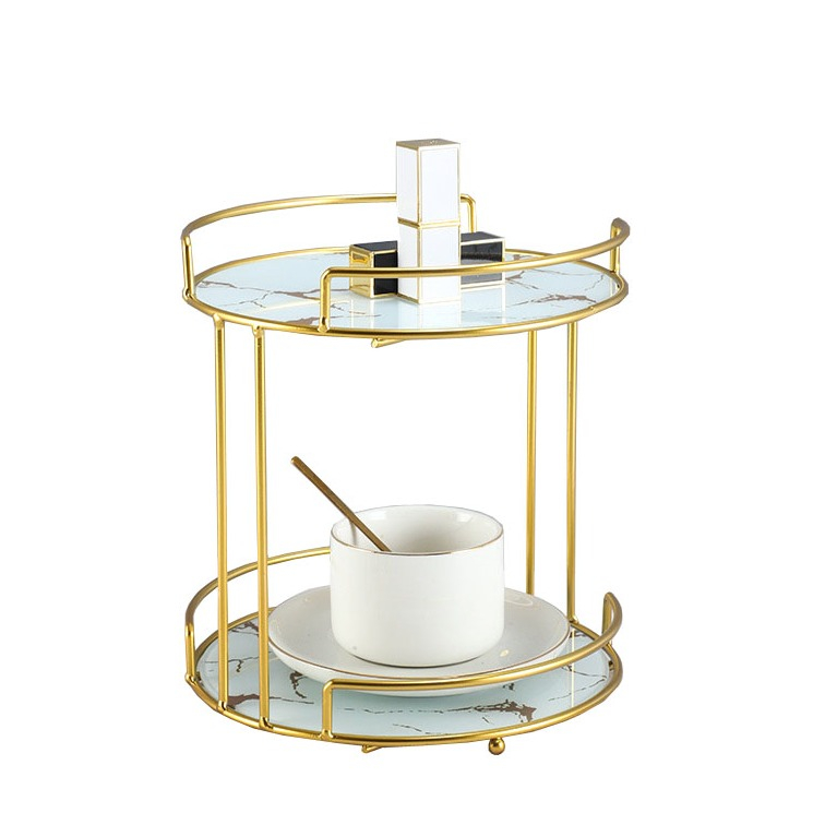 (23x20.5cm) Glas Tablett Marble Regal Home Deko Organizer 2 Etagen Ablage in Marmor Optik für Parfüm / Kosmetik / Schmuck - Weiss / Gold