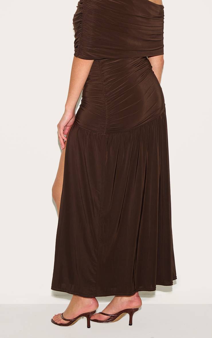 Chocolat Robe Longue Grande Taille À Double Couche Slinky Bardot Froncée