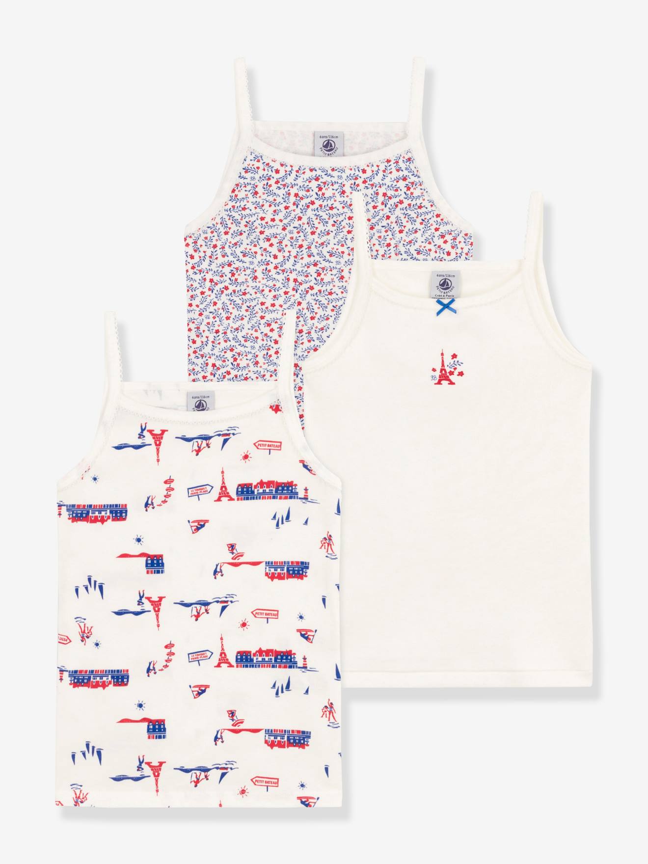 Pacote com 3 camisas suspensórias PETIT BATEAU em algodão orgânico, brancas.