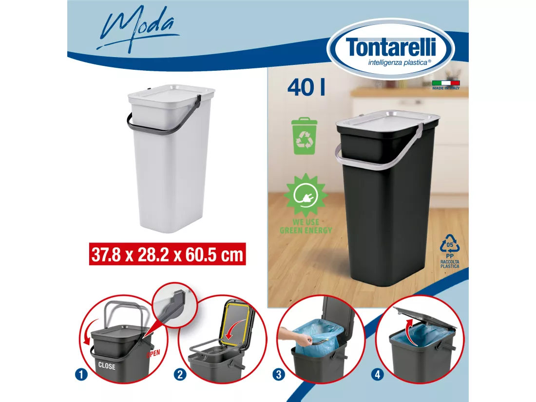 Set de 3 poubelles 40L blanc avec poignée