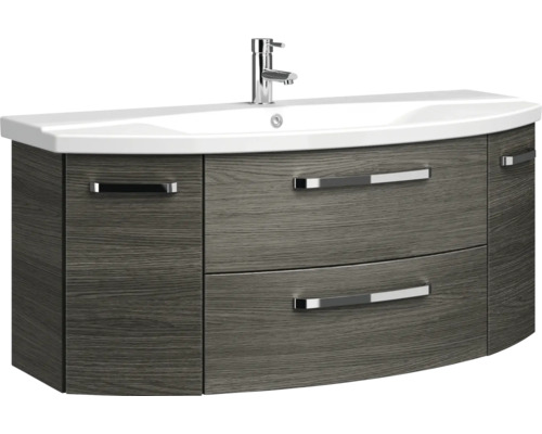 Badkamermeubelset Pelipal serie 4010, afmetingen (B x H x D): 122 x 200 x 48 cm, fronten in grafietstructuur, 4-delige badkamermeubelset inclusief witte keramische wastafel, keramische wastafelkast en spiegelkast met LED-verlichting.