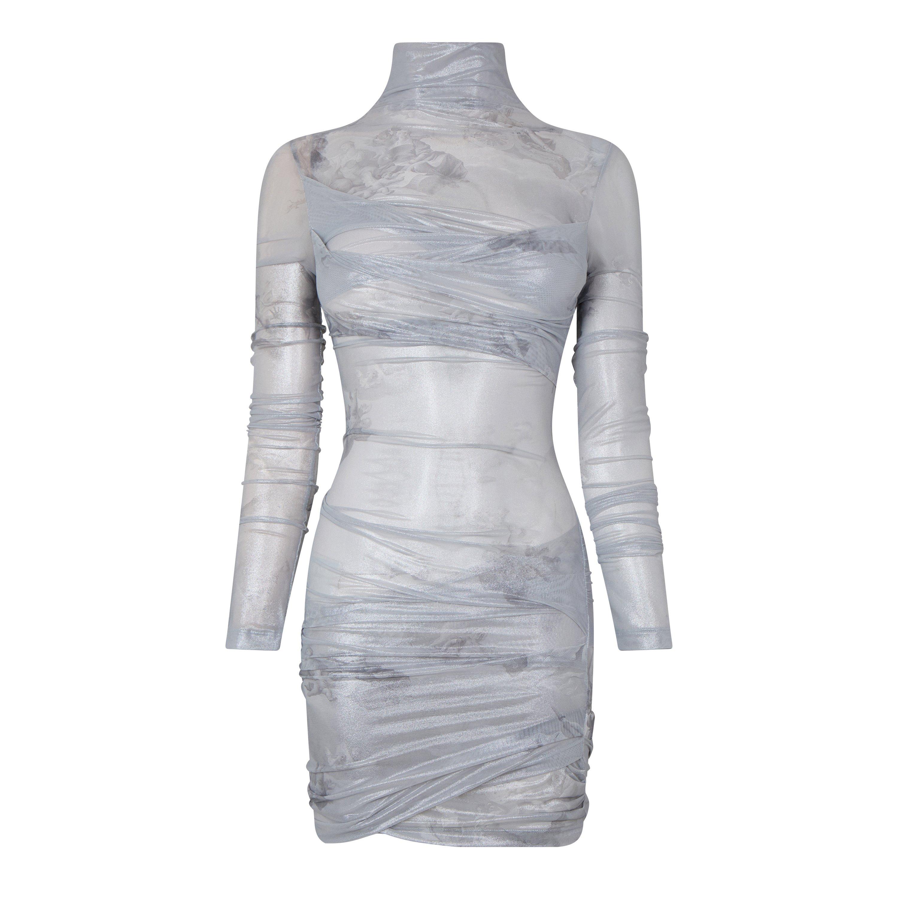 Off White Sky Shiny Tulle Twist Long Sleeve Dress