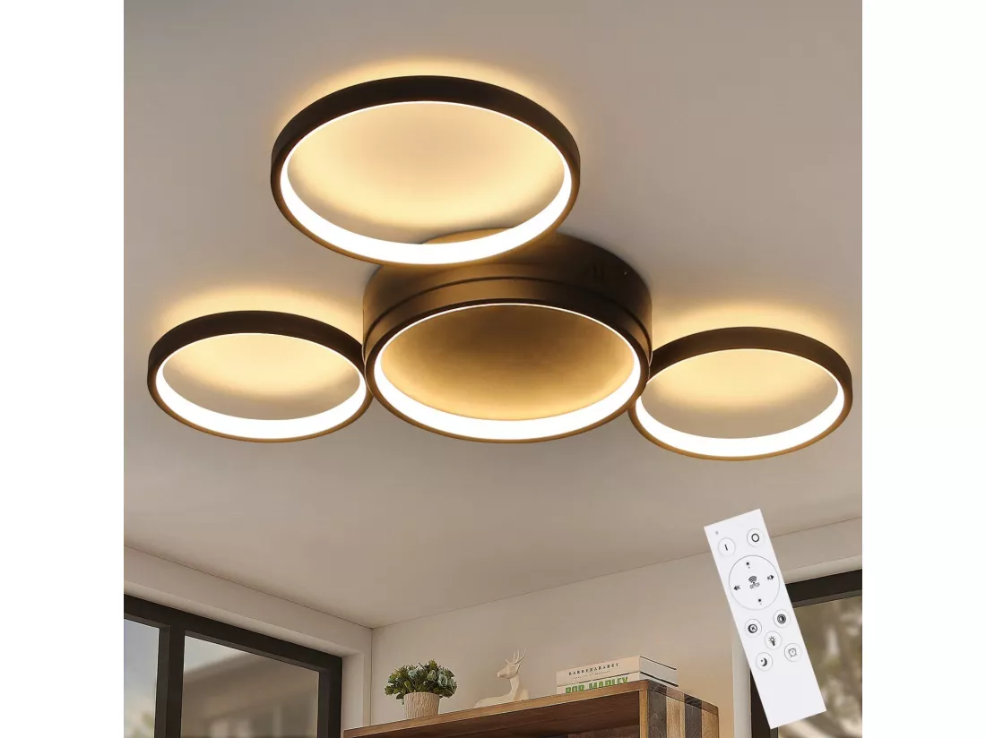 NETTLIFE Plafonnier LED noir dimmable avec télécommande design moderne 4 anneaux 52W intérieur en aluminium pour salon salle à manger chambre d'enfant