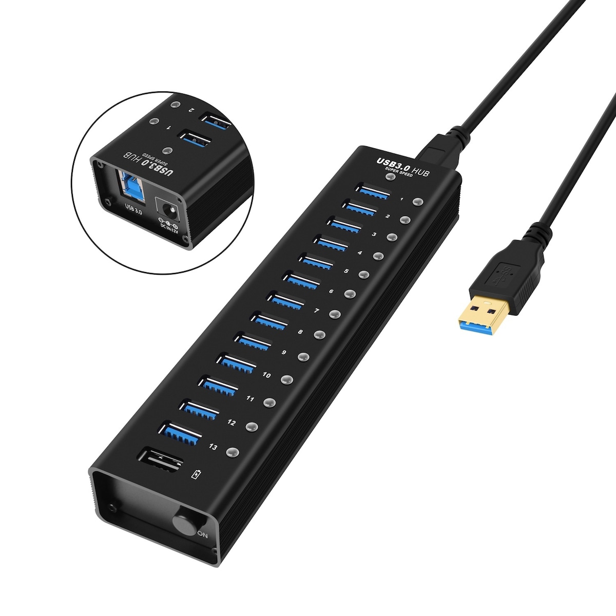 NÖRDIC drevet 14-porters USB 3.0 HUB med individuell bryter 5 Gbps 1,2 mm kabel aluminium svart med strømforsyning
