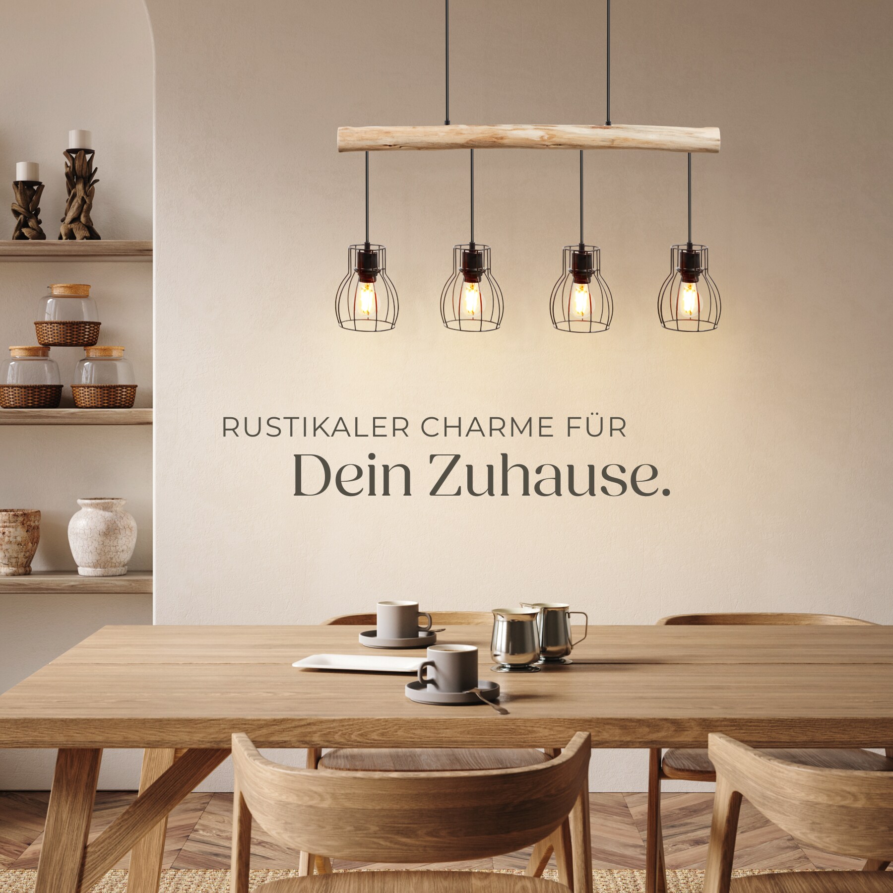 tectake® Pendelleuchte, 4-flammig, 4x E27, 40 W, massiver Holzbalken, Gitter-Lampenschirme, 82 x 13,5 x 140 cm