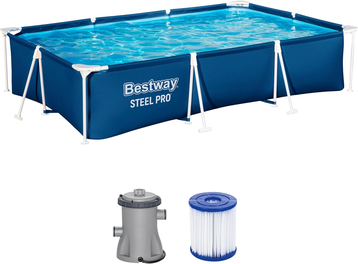Bestway Steel Pro Frame Pool Set mit Filterpumpe 300 x 201 x 66 cm, dunkelblau, eckig