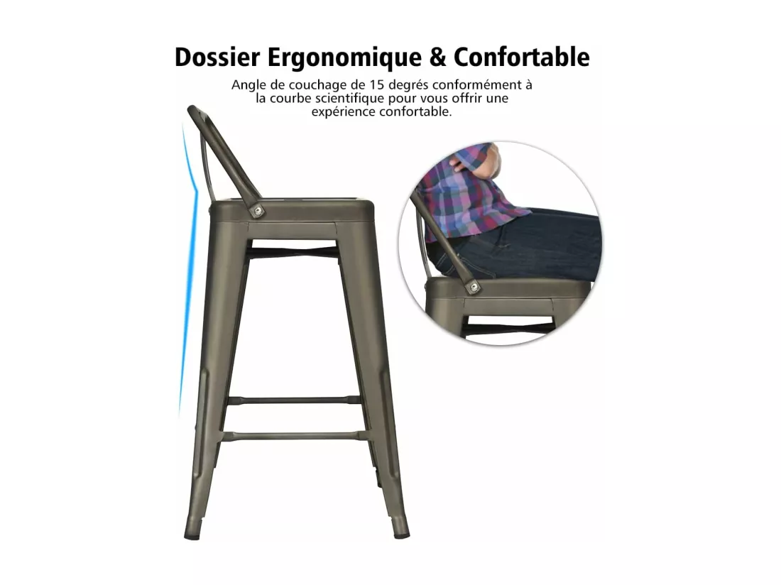 Lot 4 Tabourets de Bar Empilable en Métal avec Dossier Bas Amovible, Hauteur d'Assise 60 CM, Pieds en Caoutchouc Antidérapants, Tabourets Hauts de Bar pour Bistrot, Cuisine, Café