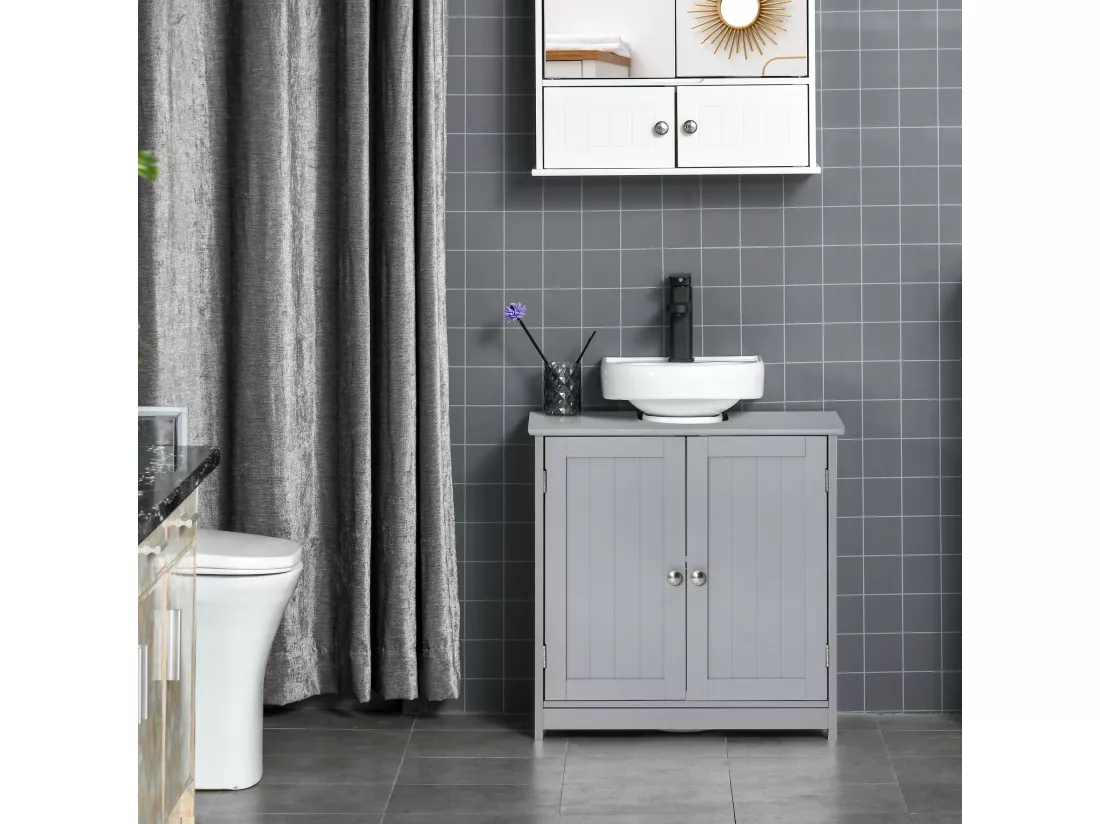 Meuble vasque - meuble sous-vasque - 2 portes rainurées avec étagère réglable - poignées métal chromé - dim. 60L x 30l x 60H cm - MDF gris